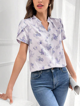 Blusa con estampado floral y mangas en forma de petalo para uso diario