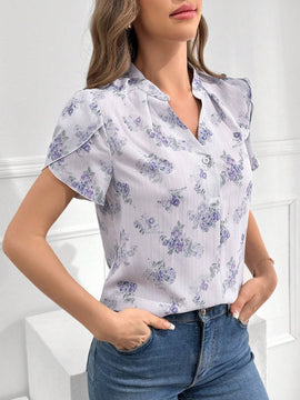 Blusa con estampado floral y mangas en forma de petalo para uso diario