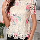 Camisa elegante y suave de mujer con diseno asimetrico en bloque de color y encaje impreso