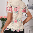 Camisa elegante y suave de mujer con diseno asimetrico en bloque de color y encaje impreso