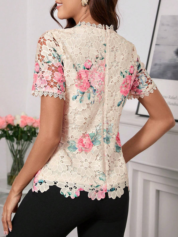 Camisa elegante y suave de mujer con diseno asimetrico en bloque de color y encaje impreso