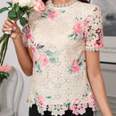 Camisa elegante y suave de mujer con diseno asimetrico en bloque de color y encaje impreso