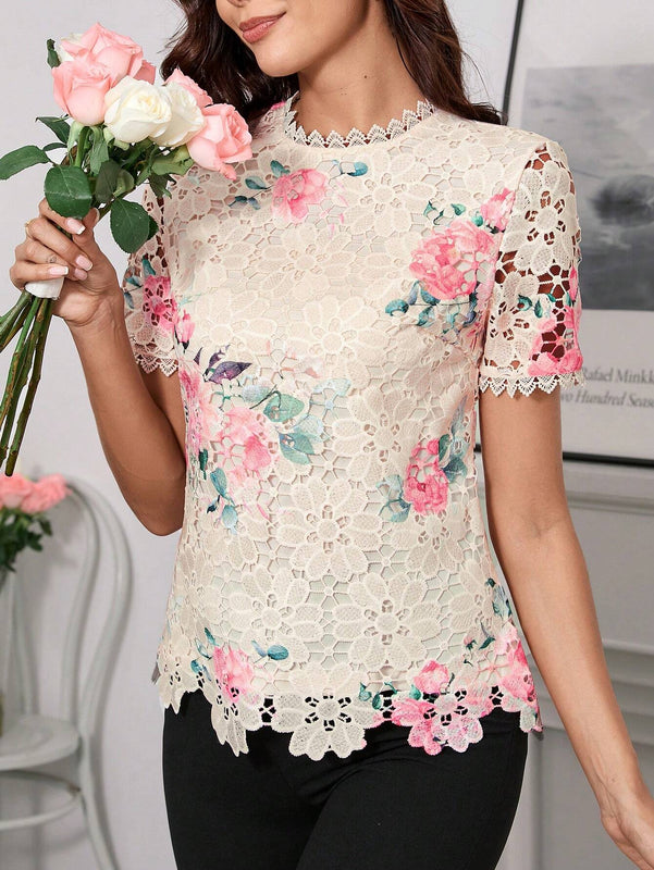 Camisa elegante y suave de mujer con diseno asimetrico en bloque de color y encaje impreso