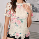 Camisa elegante y suave de mujer con diseno asimetrico en bloque de color y encaje impreso