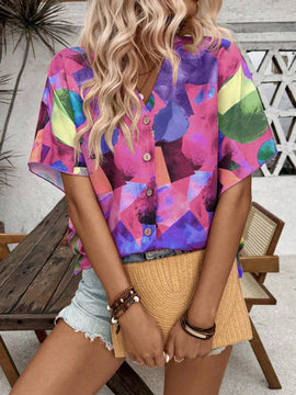 Blusa estampada de ajuste holgado con manga murcielago y escote en V