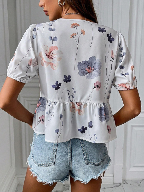 Blusa estampada de verano 2024 para mujer con cuello redondo, mangas abullonadas con lazo frontal y dobladillo con ribete de volantes