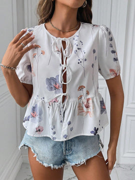 Blusa estampada de verano 2024 para mujer con cuello redondo, mangas abullonadas con lazo frontal y dobladillo con ribete de volantes