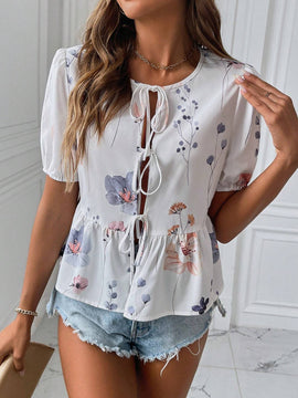 Blusa estampada de verano 2024 para mujer con cuello redondo, mangas abullonadas con lazo frontal y dobladillo con ribete de volantes