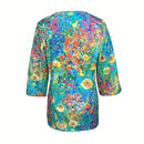 Camisa floral de vacaciones para mujer con cuello en V y mangas medias