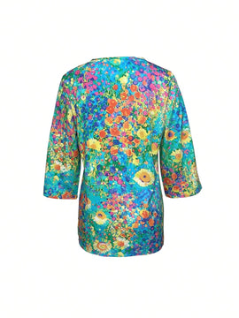 Camisa floral de vacaciones para mujer con cuello en V y mangas medias