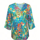Camisa floral de vacaciones para mujer con cuello en V y mangas medias