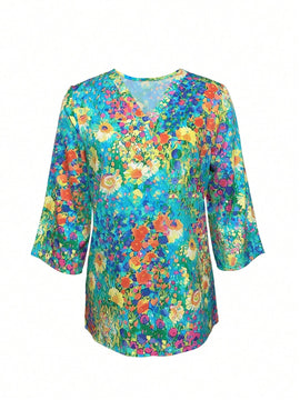 Camisa floral de vacaciones para mujer con cuello en V y mangas medias