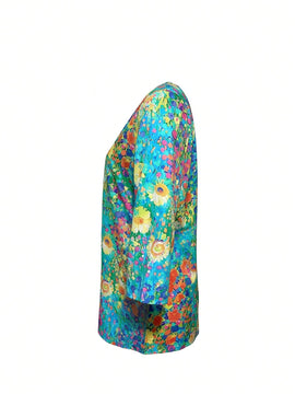 Camisa floral de vacaciones para mujer con cuello en V y mangas medias