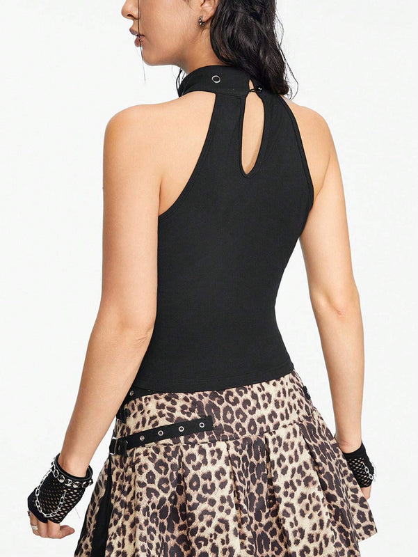 Chaleco de mujer tejido sin mangas estilo punk, sey y con diseno unicolor de cuello alto y cruz oscuros con incrustaciones de rhinestone