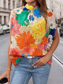 Camisa Con Estampado Floral De Dopamina Para Mujer Con Manga De Murcielago Y Espalda Anudada