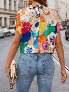 Camisa Con Estampado Floral De Dopamina Para Mujer Con Manga De Murcielago Y Espalda Anudada