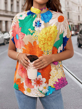 Camisa Con Estampado Floral De Dopamina Para Mujer Con Manga De Murcielago Y Espalda Anudada