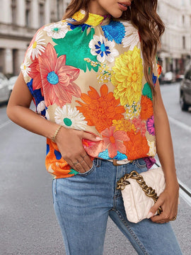 Camisa Con Estampado Floral De Dopamina Para Mujer Con Manga De Murcielago Y Espalda Anudada