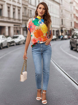 Camisa Con Estampado Floral De Dopamina Para Mujer Con Manga De Murcielago Y Espalda Anudada