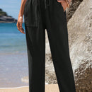 Emery rose pantalones largos casuales rectos y sueltos con cintura elastica, bolsillos y estampado de tenido anudado para mujer
