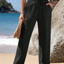 Emery rose pantalones largos casuales rectos y sueltos con cintura elastica, bolsillos y estampado de tenido anudado para mujer
