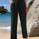 Emery rose pantalones largos casuales rectos y sueltos con cintura elastica, bolsillos y estampado de tenido anudado para mujer