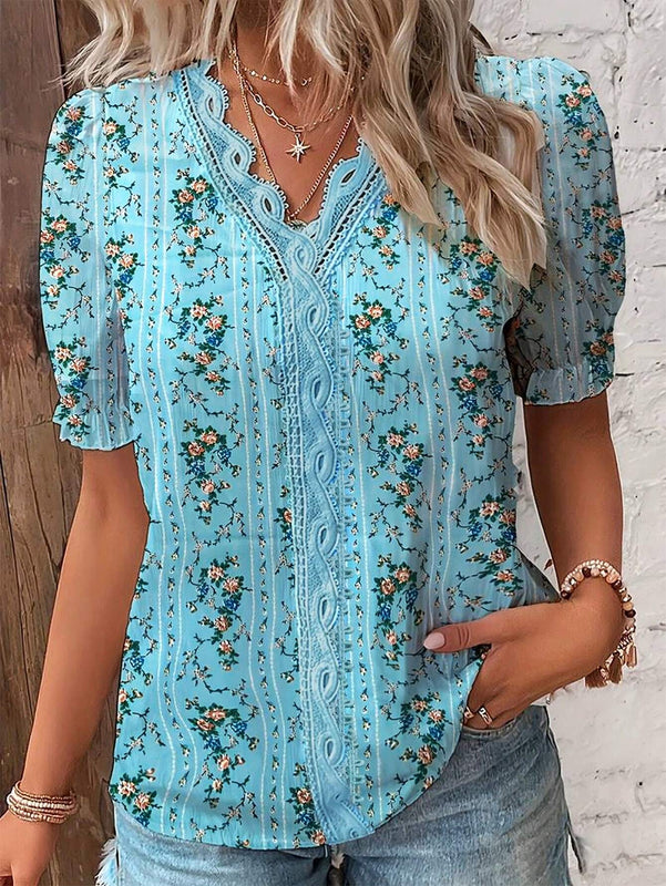 Camiseta de verano de manga corta para mujer con encaje y parches en el cuello en V