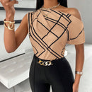 Top con diseno de rayas con hombro fruncido irregular