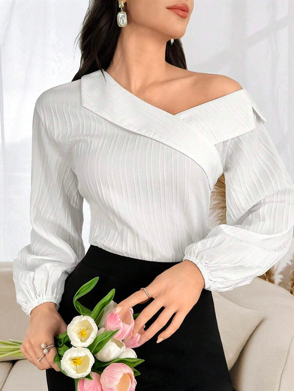 Camisa elegante de manga abombada de linterna con cuello asimetrico de unicolor para mujeres, Primavera/Verano