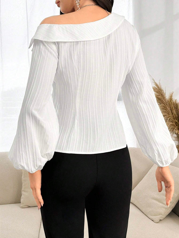 Camisa elegante de manga abombada de linterna con cuello asimetrico de unicolor para mujeres, Primavera/Verano