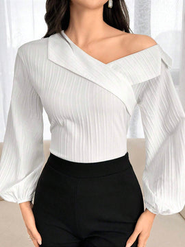 Camisa elegante de manga abombada de linterna con cuello asimetrico de unicolor para mujeres, Primavera/Verano