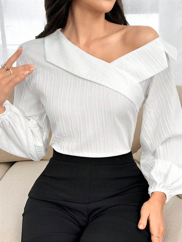 Camisa elegante de manga abombada de linterna con cuello asimetrico de unicolor para mujeres, Primavera/Verano