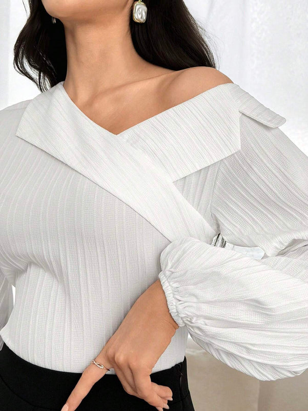 Camisa elegante de manga abombada de linterna con cuello asimetrico de unicolor para mujeres, Primavera/Verano