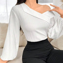 Camisa elegante de manga abombada de linterna con cuello asimetrico de unicolor para mujeres, Primavera/Verano