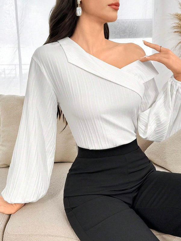 Camisa elegante de manga abombada de linterna con cuello asimetrico de unicolor para mujeres, Primavera/Verano