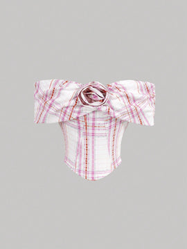 MOD Camisa de verano casual de cuadros 3D con hombros descubiertos