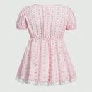 ROMWE Kawaii Blusa De Manga Corta Para Mujer Con Estampado Floral Y Decoracion De Lazo, Escote Cuadrado