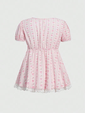 ROMWE Kawaii Blusa De Manga Corta Para Mujer Con Estampado Floral Y Decoracion De Lazo, Escote Cuadrado