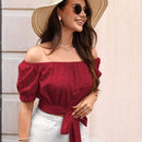 Camisa elegante, suave y encantadora de manga corta para mujer con hombros descubiertos y cintura atada