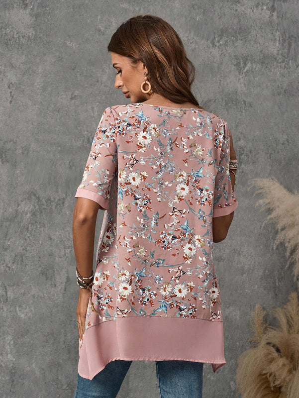 EMERY ROSE Camisa de manga corta de cuello redondo con dobladillo suelto y estampado floral para mujer