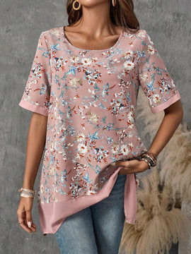 EMERY ROSE Camisa de manga corta de cuello redondo con dobladillo suelto y estampado floral para mujer