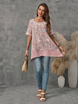 EMERY ROSE Camisa de manga corta de cuello redondo con dobladillo suelto y estampado floral para mujer