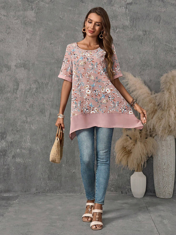 EMERY ROSE Camisa de manga corta de cuello redondo con dobladillo suelto y estampado floral para mujer