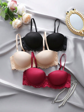 Underwear&sleepwear basics juego de lenceria de 3 piezas/set de sujetador de contraste de encaje de unicolor para mujer