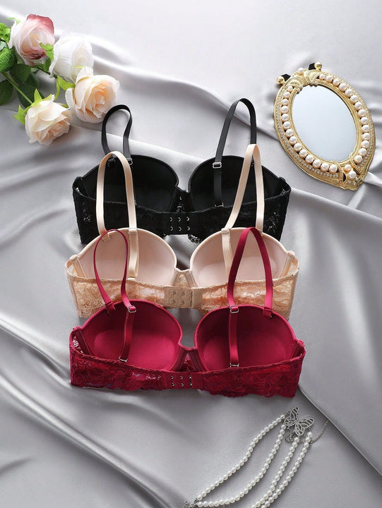 Underwear&sleepwear basics juego de lenceria de 3 piezas/set de sujetador de contraste de encaje de unicolor para mujer