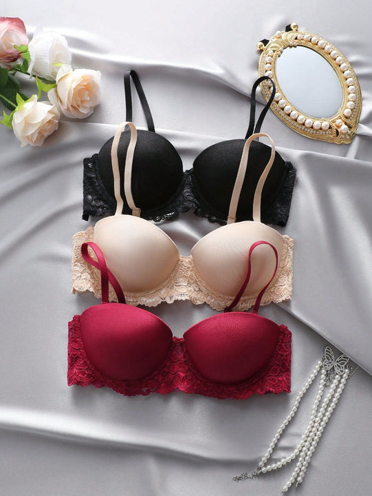 Underwear&sleepwear basics juego de lenceria de 3 piezas/set de sujetador de contraste de encaje de unicolor para mujer