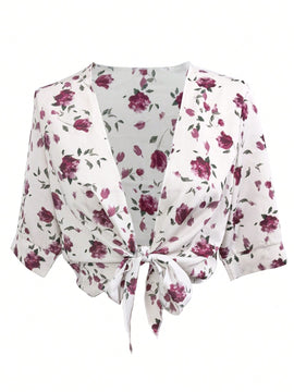 Blusa estampada con diseno floral y lazo en la parte delantera