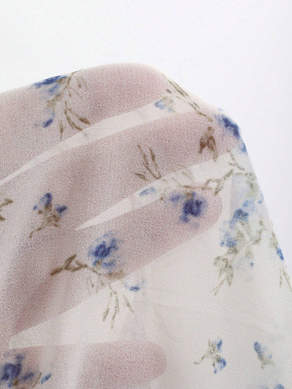 DAZY Camisa de manga larga para mujer con escote en V, estampado floral, manga abombada y dobladillo con volantes