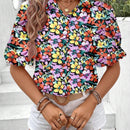 Camisa de manga inflada para mujer, con botones y estampado completo (corte aleatorio) adecuado para vacaciones de verano en la playa