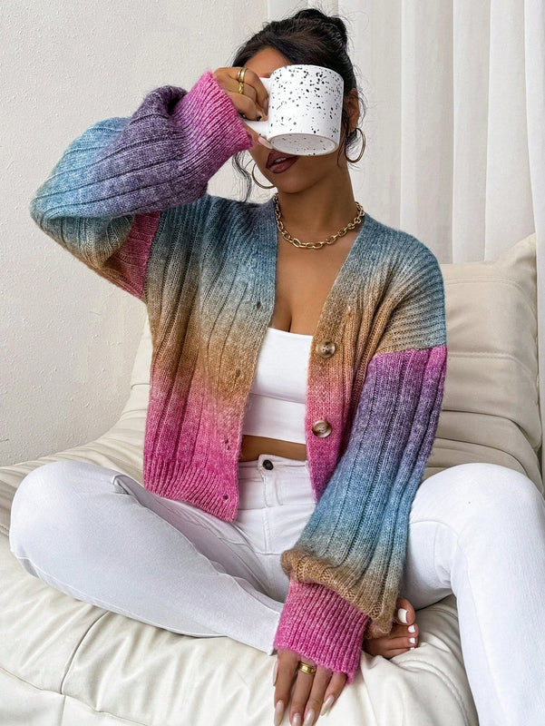 Relaxiva cardigan de punto con botones delanteros, manga larga, de color ombre, hecho de un hilado jaspeado y tejido de nervio